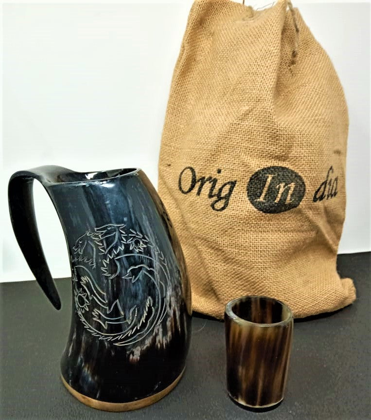 ORIGINDIA The Genuine Handcrafted Authentic Viking Drinking Horn Mug & Free Shot Glass Code01